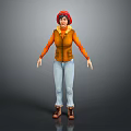 Game and Movie Character Wearing Orange Long Sleeve Shirt Yellow Vest Blue Jeans Brown Boots