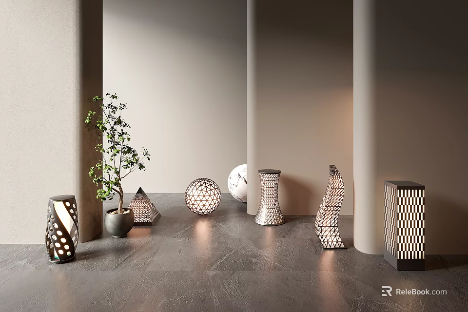 Variety of Unique Outdoor Lights Featuring Geometric Designs And Different Shapes In Garden Area 3d model 