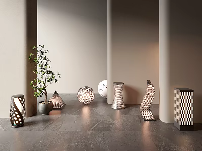 Variety of Unique Outdoor Lights Featuring Geometric Designs And Different Shapes In Garden Area 3d model
