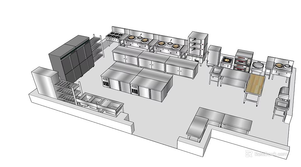Commercial Kitchen Stainless Steel Appliances Including Cooking Range Refrigerator And Shelves 3d model 