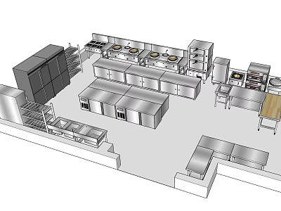 Commercial Kitchen Stainless Steel Appliances Including Cooking Range Refrigerator And Shelves 3d model