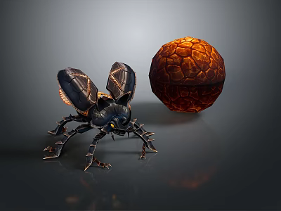 Mystical Beetle Creature With Metallic Black Exoskeleton Wings Multiple Legs And Orange Cracked Sphere 3d model