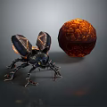 Mystical Beetle Creature With Metallic Black Exoskeleton Wings Multiple Legs And Orange Cracked Sphere