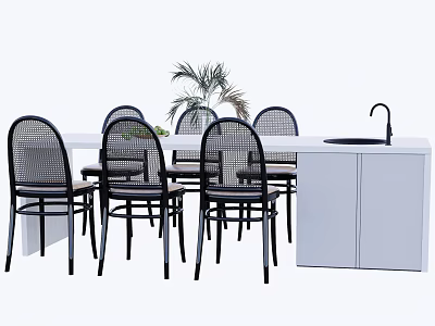 Modern Bar Counter Design With White Countertop Black Woven Chairs And Potted Plant 3d model