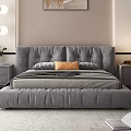 Modern Gray Upholstered Double Bed In Bedroom With Pendant Lights And Decorative Painting