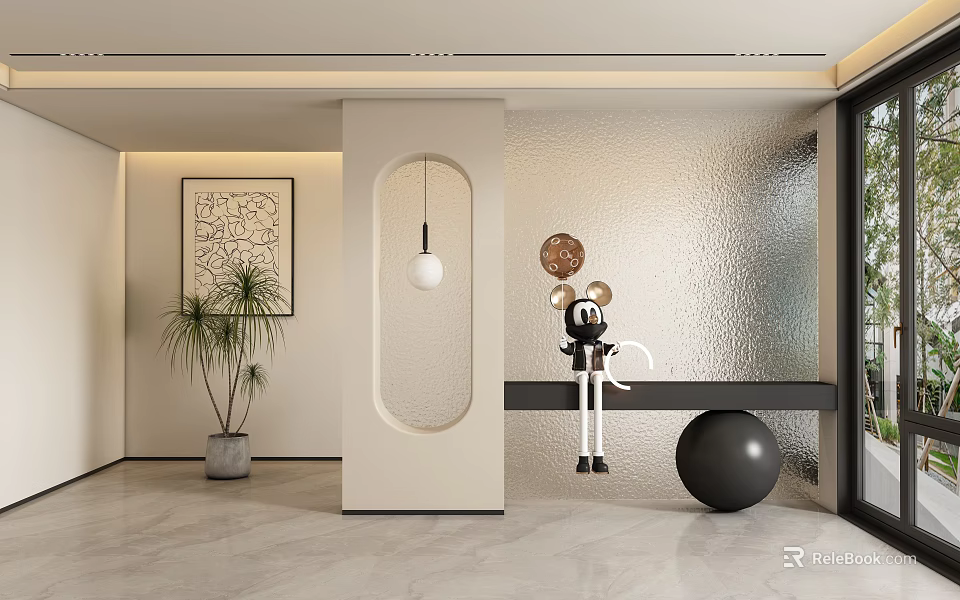 Modern Entryway Interior With Artwork Pendant Light Sculpture And Round Decor Elements 3d model
