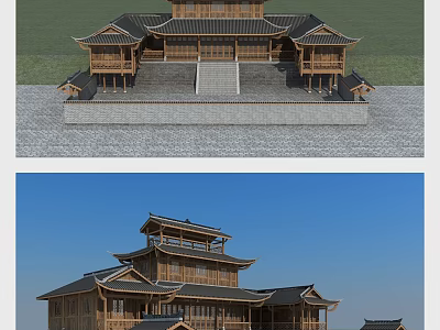 Ancient Architecture Traditional Wooden Structure With Overhanging Eaves And Stone Steps 3d model