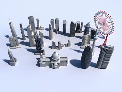 Detailed Miniature City Building Models Featuring Skyscrapers Ferris Wheel And Dome Structure 3d model