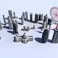 Detailed Miniature City Building Models Featuring Skyscrapers Ferris Wheel And Dome Structure