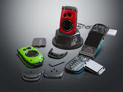 Colorful Flip Mobile Phones With Red Green Design Keyboard Battery And Charger Dock Accessories 3d model