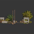 Outdoor Garden Decorative Scene With Wooden Deck White Shelves Green Plants And Clay Pots