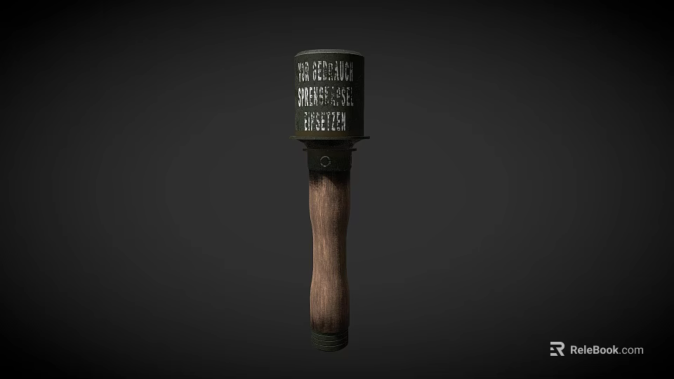 Military Weapon With Wooden Handle Metal Casing And Warning Text Inscription For Combat 3d model 