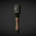 Military Weapon With Wooden Handle Metal Casing And Warning Text Inscription For Combat