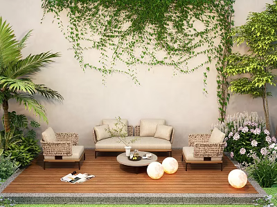 Outdoor Patio Plant Combination With Climbing Vines Palm Tree Flowering Shrubs And Wicker Sofa 3d model