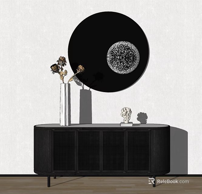 Stylish Entryway Console Cabinet With Black Design Round Decorative Mirror White Vase And Dried Flowers 3d model 