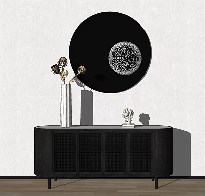 Stylish Entryway Console Cabinet With Black Design Round Decorative Mirror White Vase And Dried Flowers 3d model