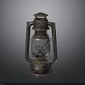 Vintage Old Kerosene Lantern With Rustic Metal Frame And Glass Chimney