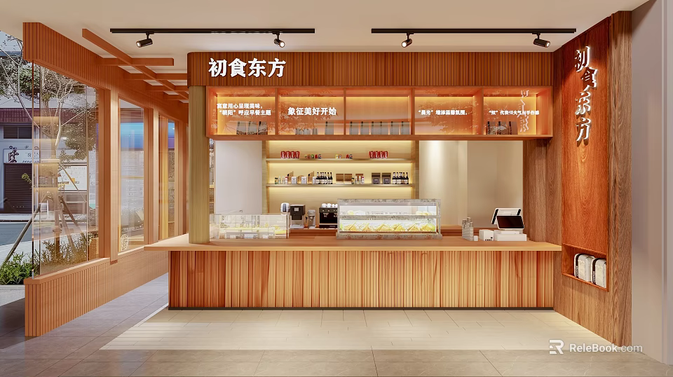 Warm Wooden Dessert Shop Interior With Bright Display Cases And Counter 3d model 