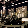 Modern Black Sculptural Furniture With Urban Night Sky And Bookshelf Green Plant