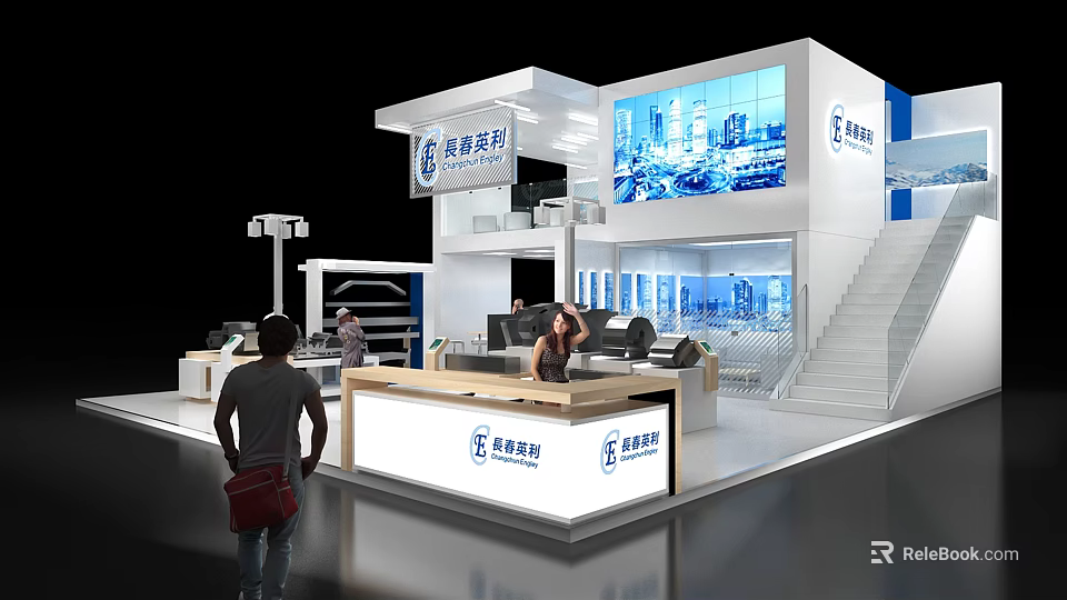 Modern Exhibition Booth Design With Reception Counter Staircase And Digital Screen 3d model 
