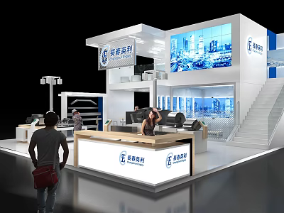 Modern Exhibition Booth Design With Reception Counter Staircase And Digital Screen 3d model