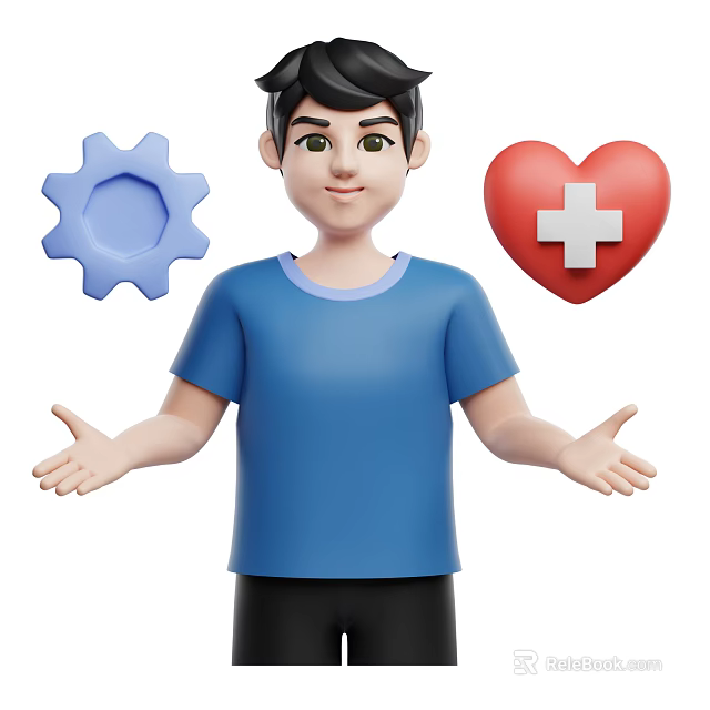 Cartoon Character Wearing Blue T-shirt with Open Hands Blue Gear and Red Heart Cross 3d model 