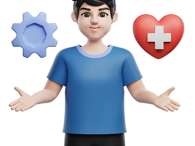 Cartoon Character Wearing Blue T-shirt with Open Hands Blue Gear and Red Heart Cross 3d model