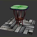 Elegant Round Top Stool With White Marble And Dark Carved Legs On Square Tiled Floor