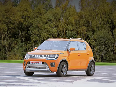 Orange Suzuki Ignis Parked Outdoors On Paved Area With Trees 3d model