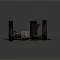 Character And Creature Near Damaged Car Red Pillars Yellow Box Green Object
