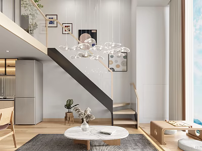 Modern Apartment Living Room With Open Design Chandelier And Coffee Table 3d model