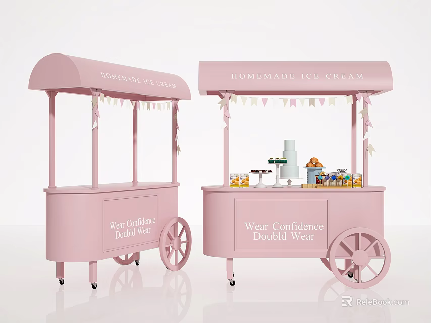 Stylish Pink Homemade Ice Cream Carts with Decorative Flags and Supplies 3d model 