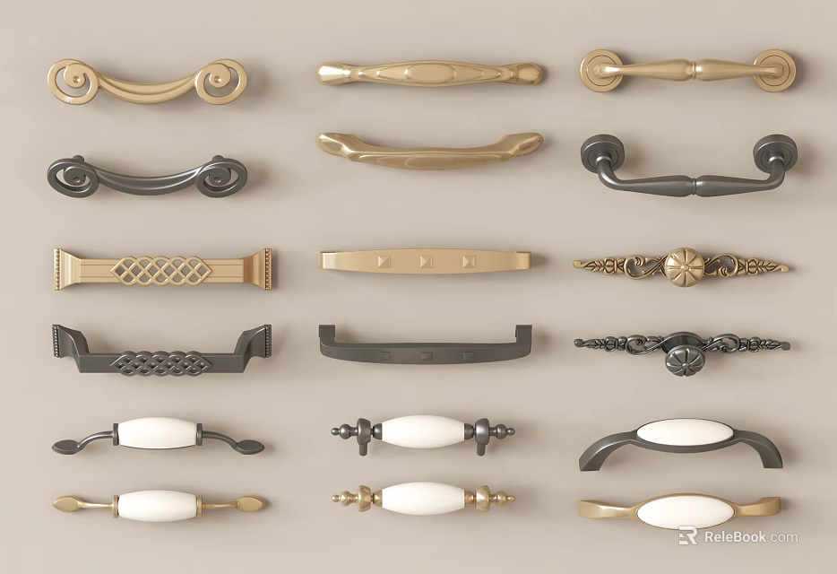 Diverse Decorative Handles With Gold Black White Colors And Metal Ceramic Designs 3d model 