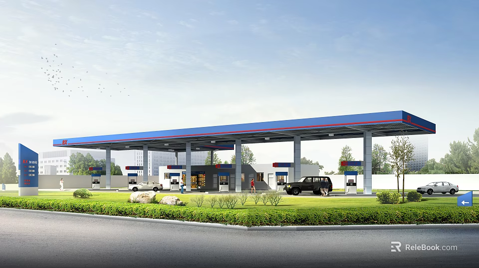 Modern Gas Station With Blue Canopy Fuel Dispensers Vehicles And Green Landscaping 3d model 