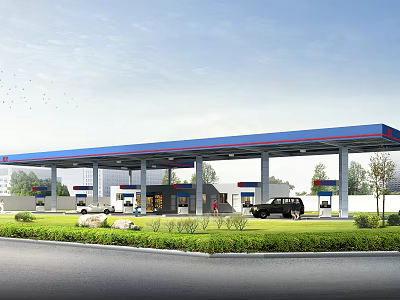 Modern Gas Station With Blue Canopy Fuel Dispensers Vehicles And Green Landscaping 3d model