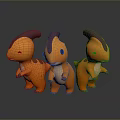 Three Cute Orange Dinosaur Characters With Purple Horns Standing Together