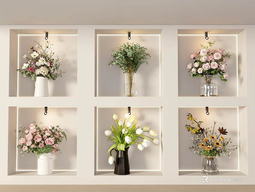 Six Decorative Vases With Various Flowers In White Wall Compartments 3d model