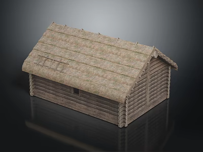 Traditional Rustic Log Cabin Exterior With Thatch Roof And Wooden Log Walls 3d model