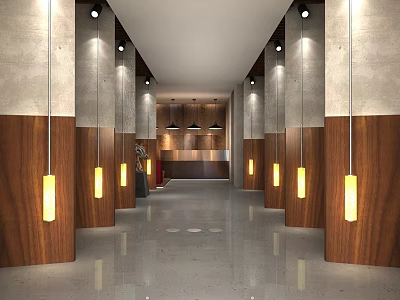 Elegant Modern Hotel Corridor With Wooden Panels Stone Walls Pendant Lights And Polished Floor 3d model