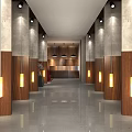 Elegant Modern Hotel Corridor With Wooden Panels Stone Walls Pendant Lights And Polished Floor