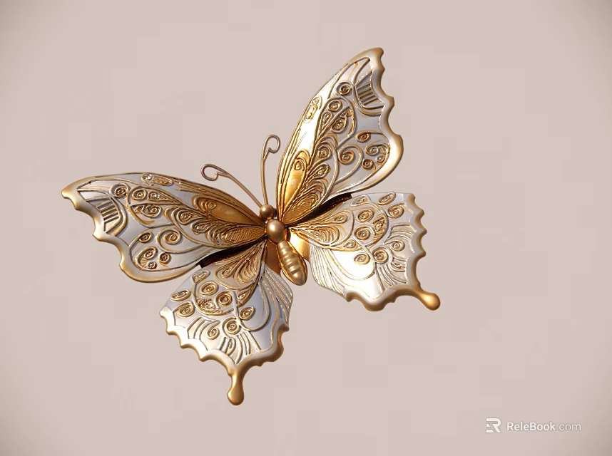 Elegant Butterfly Brooch Jewelry With Gold Silver Ornate Intricate Patterns Design 3d model 