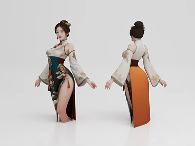 Woman In Traditional Chinese Classical Dress With Floral Pattern Orange Skirt And High Bun Hairstyle 3d model