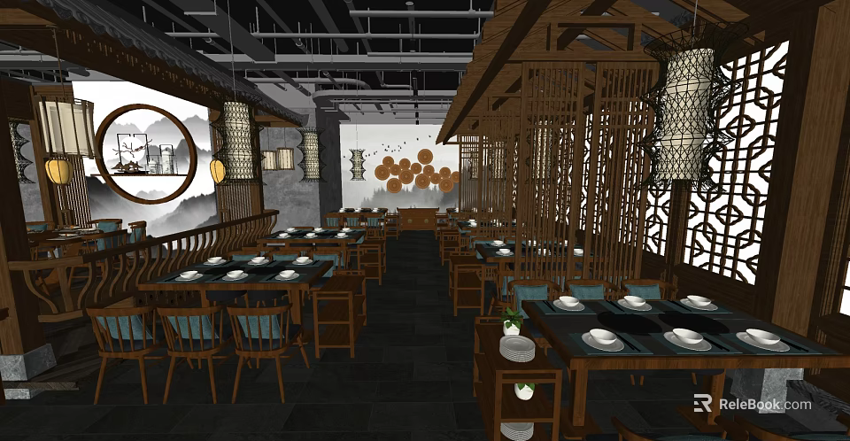Traditional Chinese Restaurant Interior With Wooden Decor Lanterns And Circular Paintings 3d model 