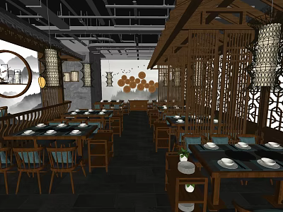 Traditional Chinese Restaurant Interior With Wooden Decor Lanterns And Circular Paintings 3d model