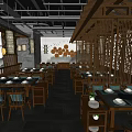 Traditional Chinese Restaurant Interior With Wooden Decor Lanterns And Circular Paintings