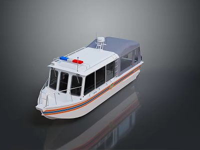 White Police Patrol Boat With Blue Red Emergency Lights And Canopy Cover 3d model
