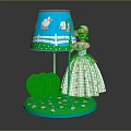 Cute Doll In Pink Dress Standing With Lambs And Blue Lampshade On Grass Base
