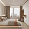 Modern Bedroom Interior Design With Vertical Striped Bedhead Pillows Nightstands Rug And Green Plant