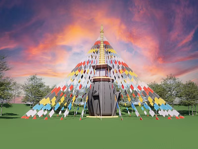Tower Shaped Landscape Sculpture Featuring Golden Top Colorful Flags Sunset Sky Green Grass And Trees 3d model