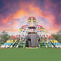 Tower Shaped Landscape Sculpture Featuring Golden Top Colorful Flags Sunset Sky Green Grass And Trees